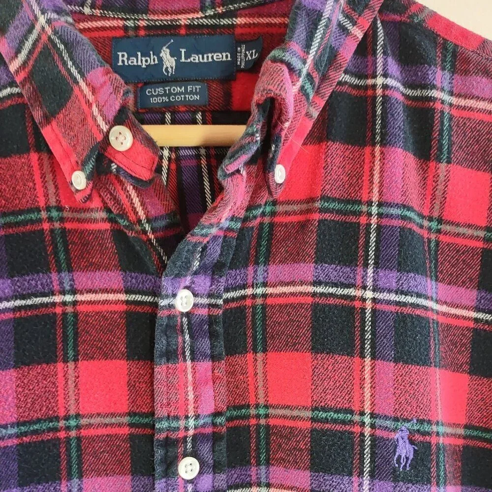 Ralph Lauren Mens Plaid Flannel Shirt Size XL Polo Pony Custom Fit Long Sleeve